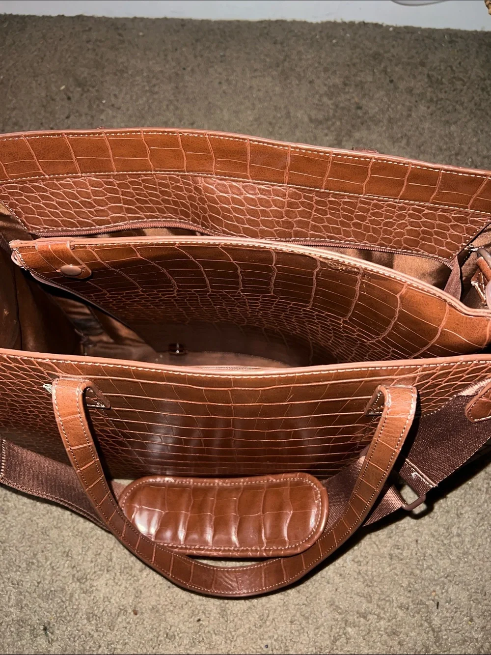 BEIS Croc-Embossed Travel Tote in Brown Leather Finish